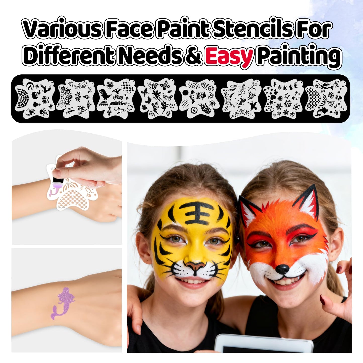 Professional Face Painting Kit, 54 Colors Water Activated Face Paint Makeup Kit with Stencils, Gems, Brushes for Halloween, Carnival, Cosplay, Party