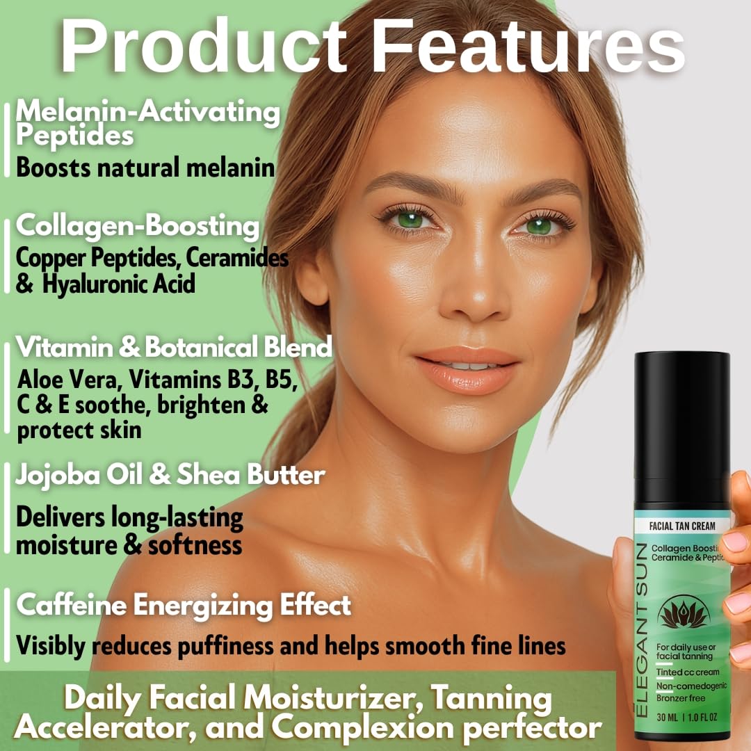 Flawless Glow Collagen-Boosting Facial Tan Cream - Peptide CC Serum with Copper Peptides GHK-Cu, Ceramides & Hyaluronic Acid - Bronzer-Free, No DHA