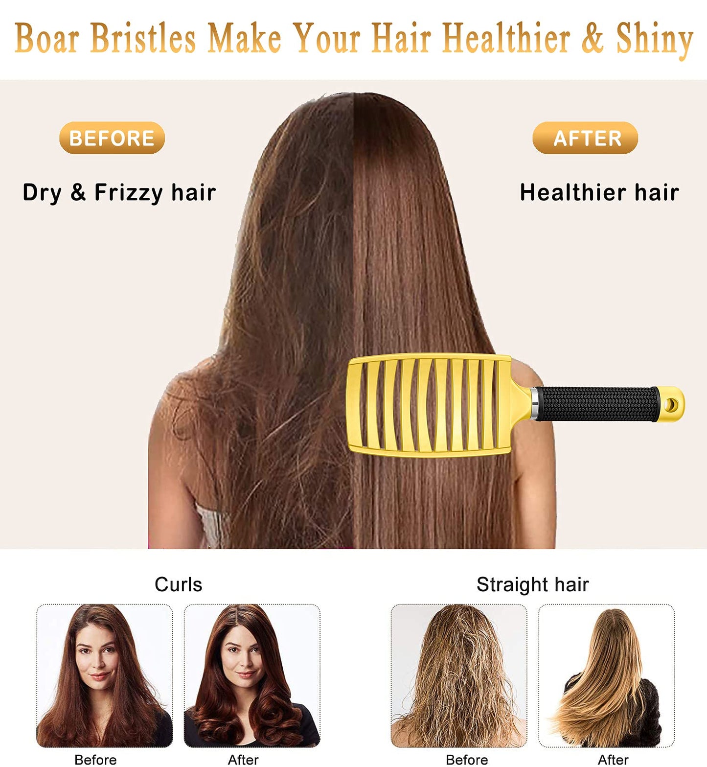 KTKUDY Detangling Brush Getting Knots Out without Pain - Boar Bristles HairBrush Make Hair Shiny & Healthier Vented Detangler Brush for Women Men Kids