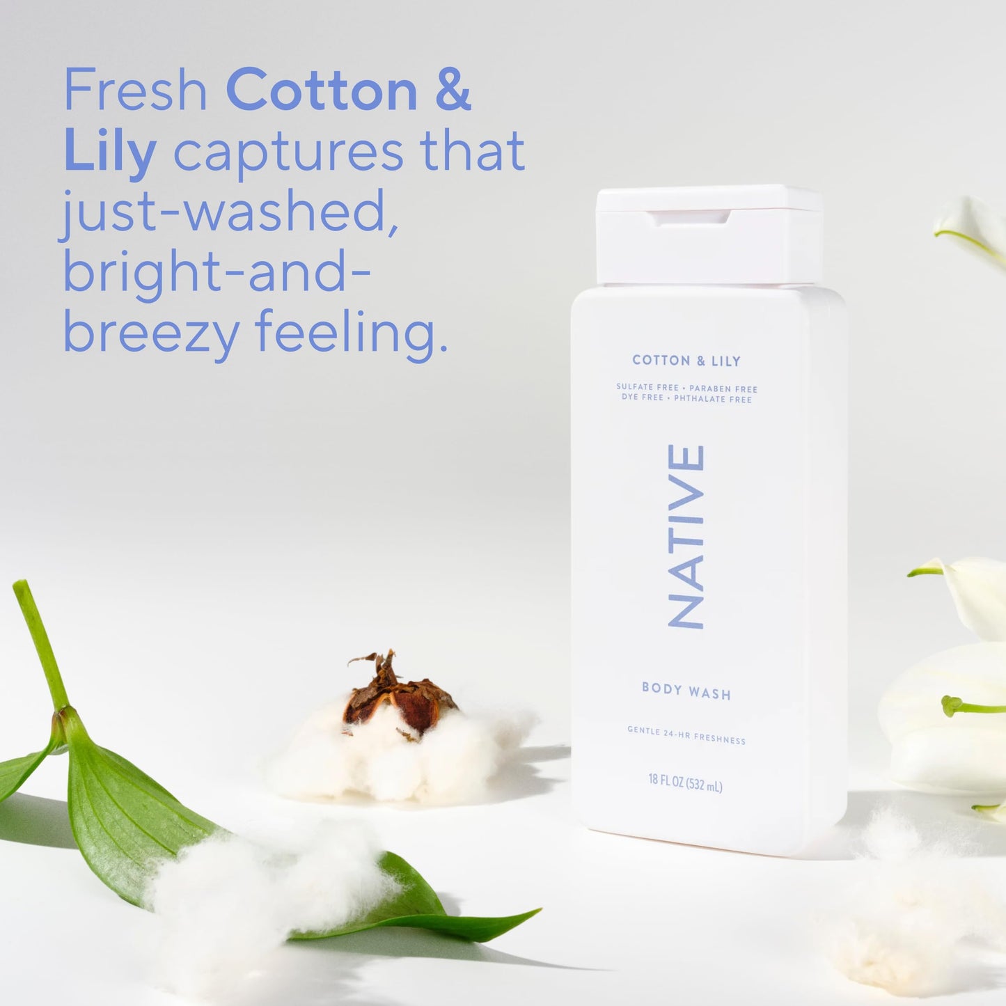 Native Cotton & Lily Scent 24-Hr Refreshing Clean Body Wash for Women & Men, for All Skin Types Incl. Sensitive, Leaves Skin Feeling Clean & Soft