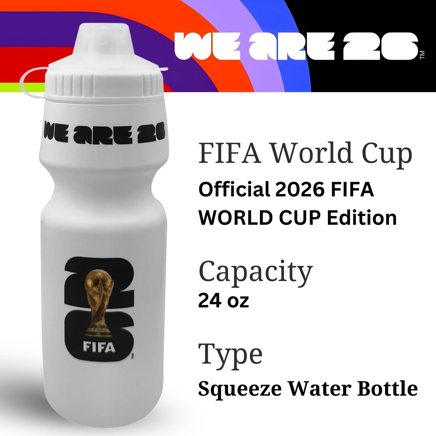 Official 2026 FIFA World Cup 24oz Refillable Squeeze Water Bottle - BPA-Free, Reusable, Dishwasher Safe with Pull-Top Cap - Designed for Everyday Use