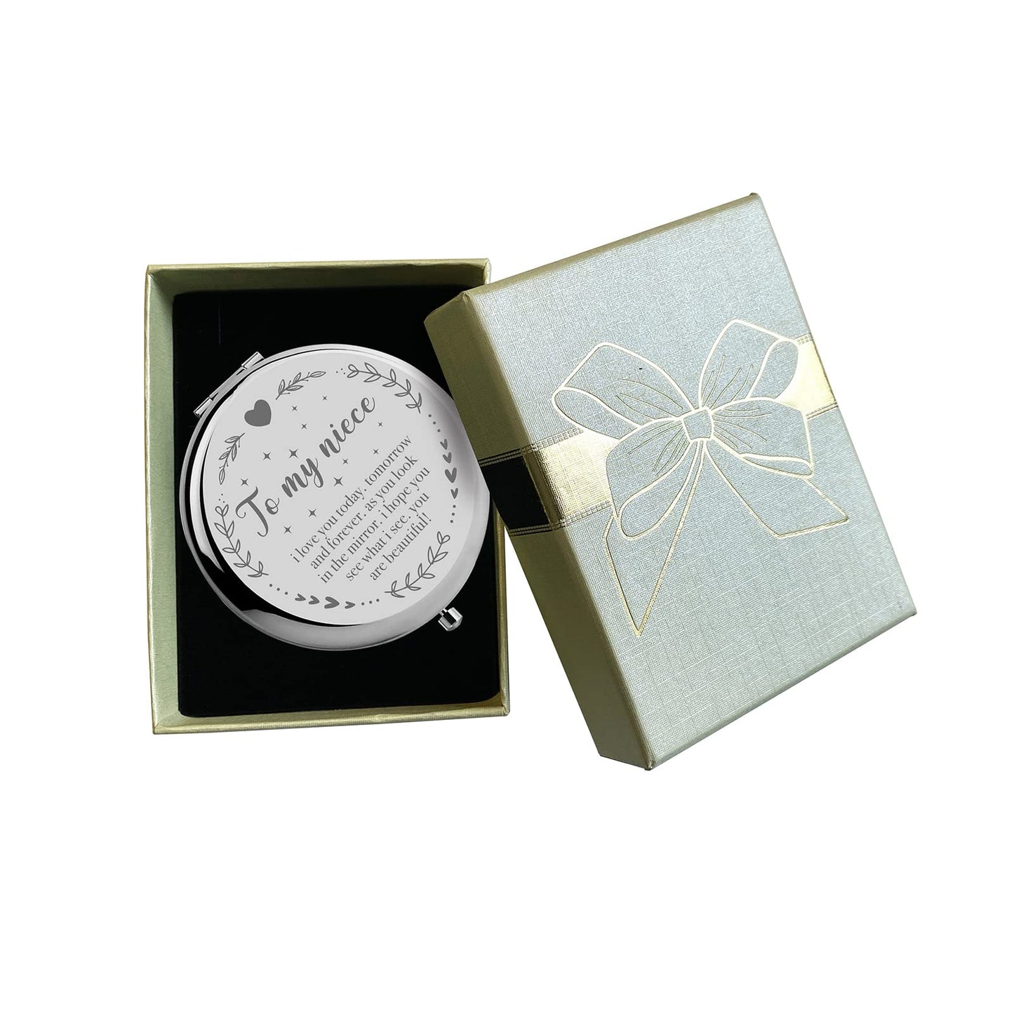 YSUNM Ming Heng Niece Gift Silver Travel Compact Makeup Mirror, Graduation & Birthday Gift Ideas