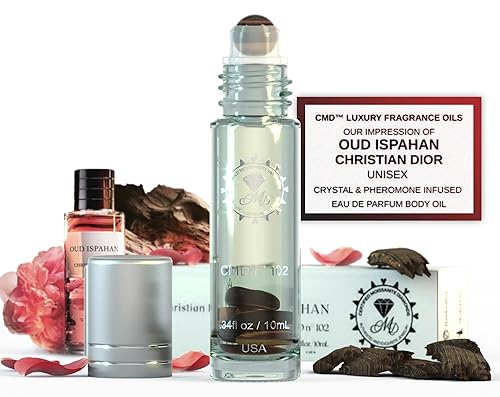 CMD Luxury Dubai Fragrance Perfume Oil Pheromones Infused, Roll On, Oud Ispahan Inspired, Natural Tigers Eye Crystal Rollerball, EDP Body Oil Roller