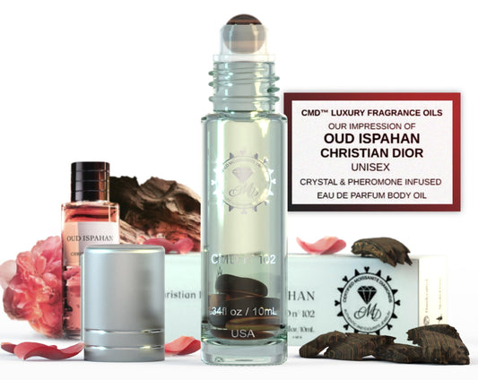 CMD Luxury Dubai Fragrance Perfume Oil Pheromones Infused, Roll On, Oud Ispahan Inspired, Natural Tigers Eye Crystal Rollerball, EDP Body Oil Roller