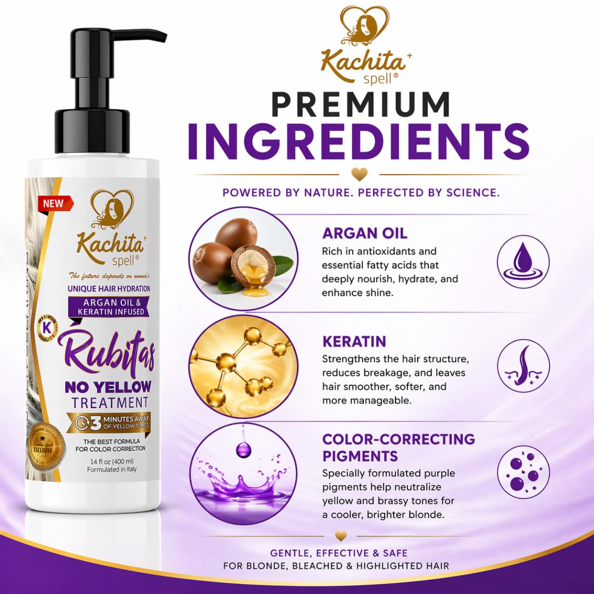 Kachita Spell Purple Toning Shampoo ConditionerTreatment Balance No Yellow Tone Correcting, Blonde Gray Hair, Eliminates Brassy and Yellow 350ml Made