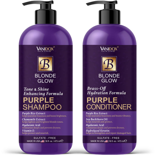 VANIDOX Sulfate Free Brass Toning Purple Shampoo and Conditioner Set for Blondes, Brown Highlighted, or Bleached Hair, Shampoo for Blondes Infused