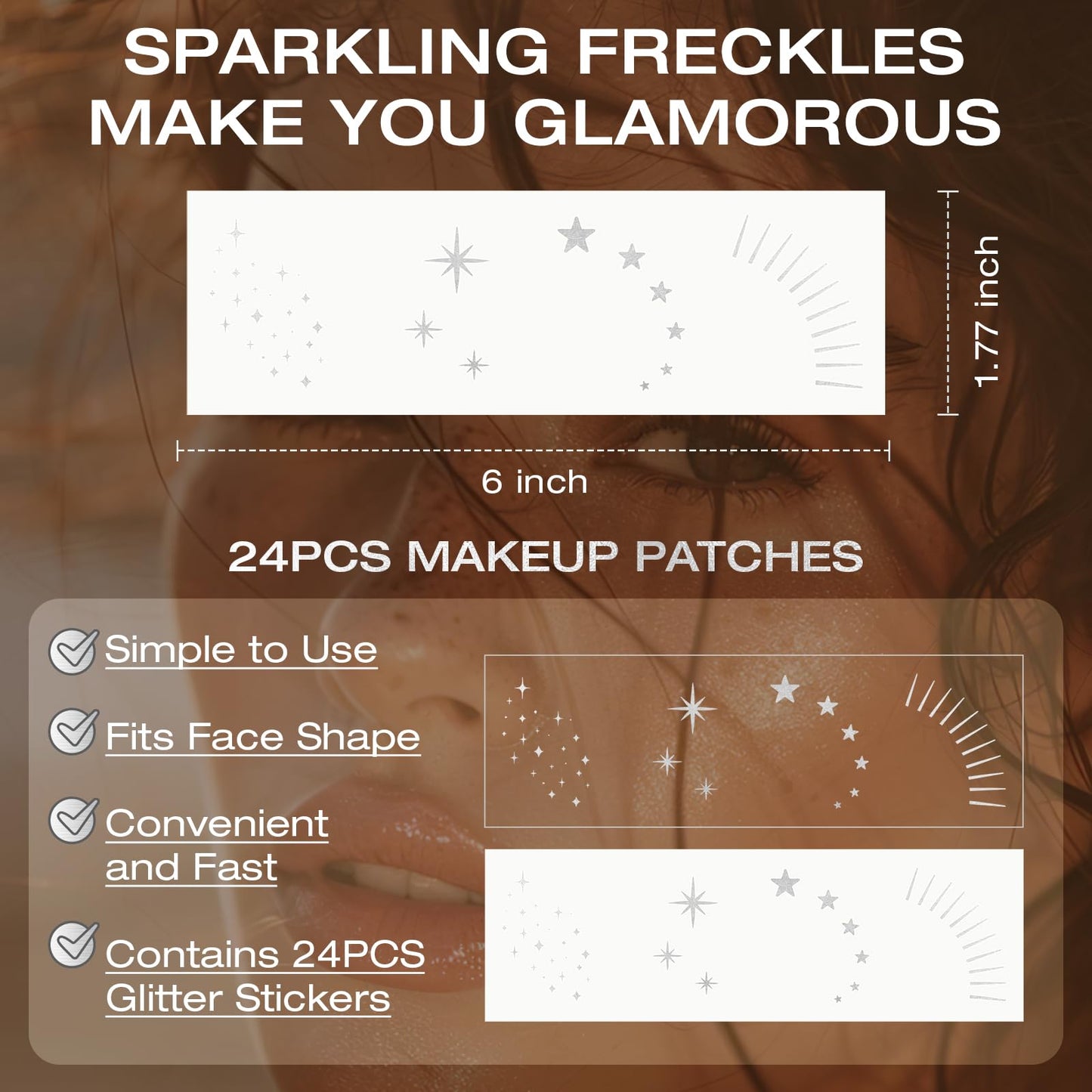 Leterly 24 Pcs Glitter Freckles Face Tattoo,Silver Face Glitter Makeup Patches Cute Sparkle Freckles Patches Waterproof Makeup Speckles for Face