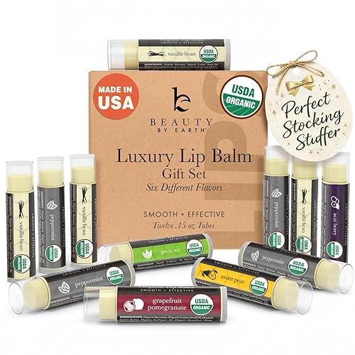 USDA Organic Lip Balm - USA Made with Natural Ingredients - 12-Pack (6 flavors) - Beeswax, Coconut Oil, Vitamin E - Moisturizing Chapstick for Dry