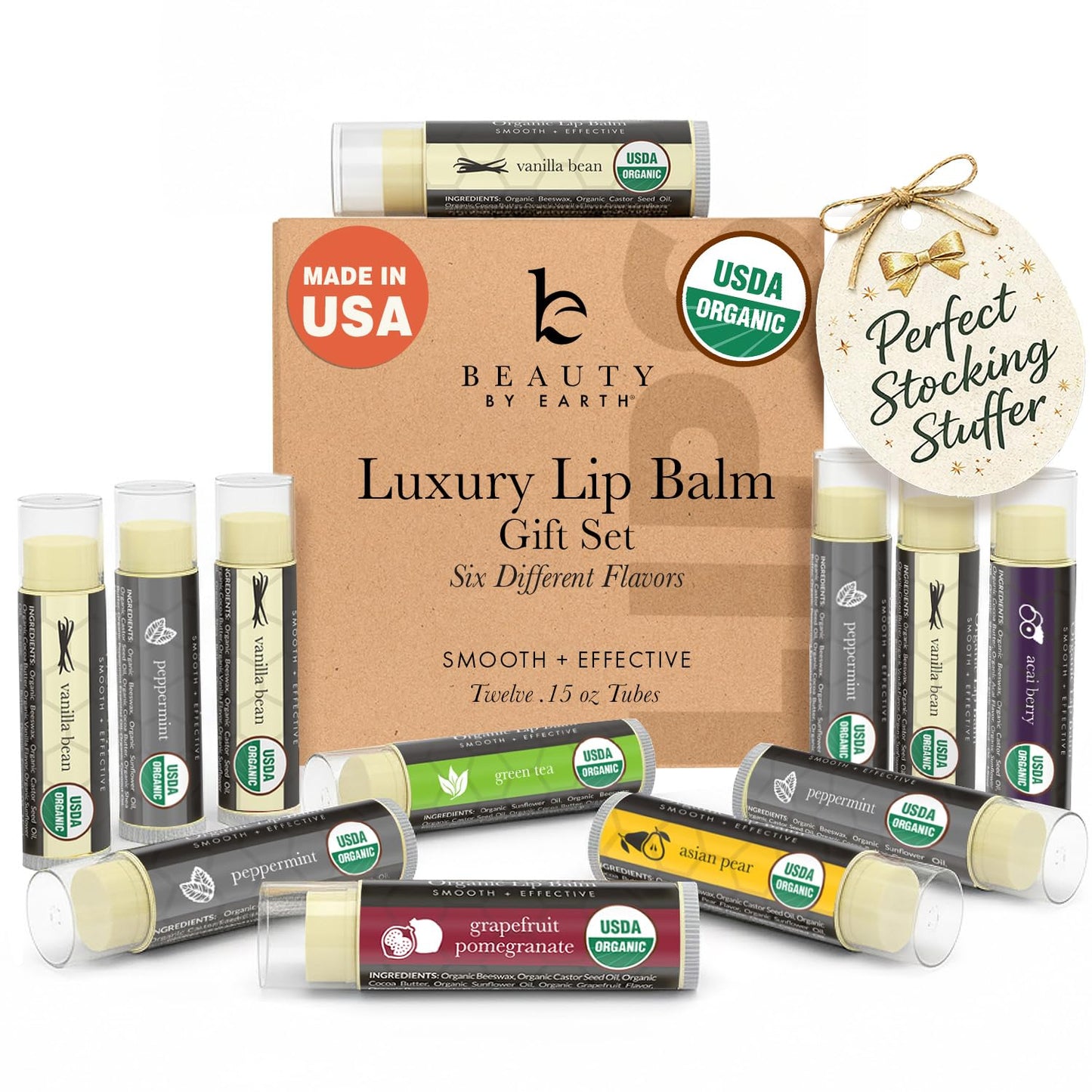 USDA Organic Lip Balm - USA Made with Natural Ingredients - 12-Pack (6 flavors) - Beeswax, Coconut Oil, Vitamin E - Moisturizing Chapstick for Dry