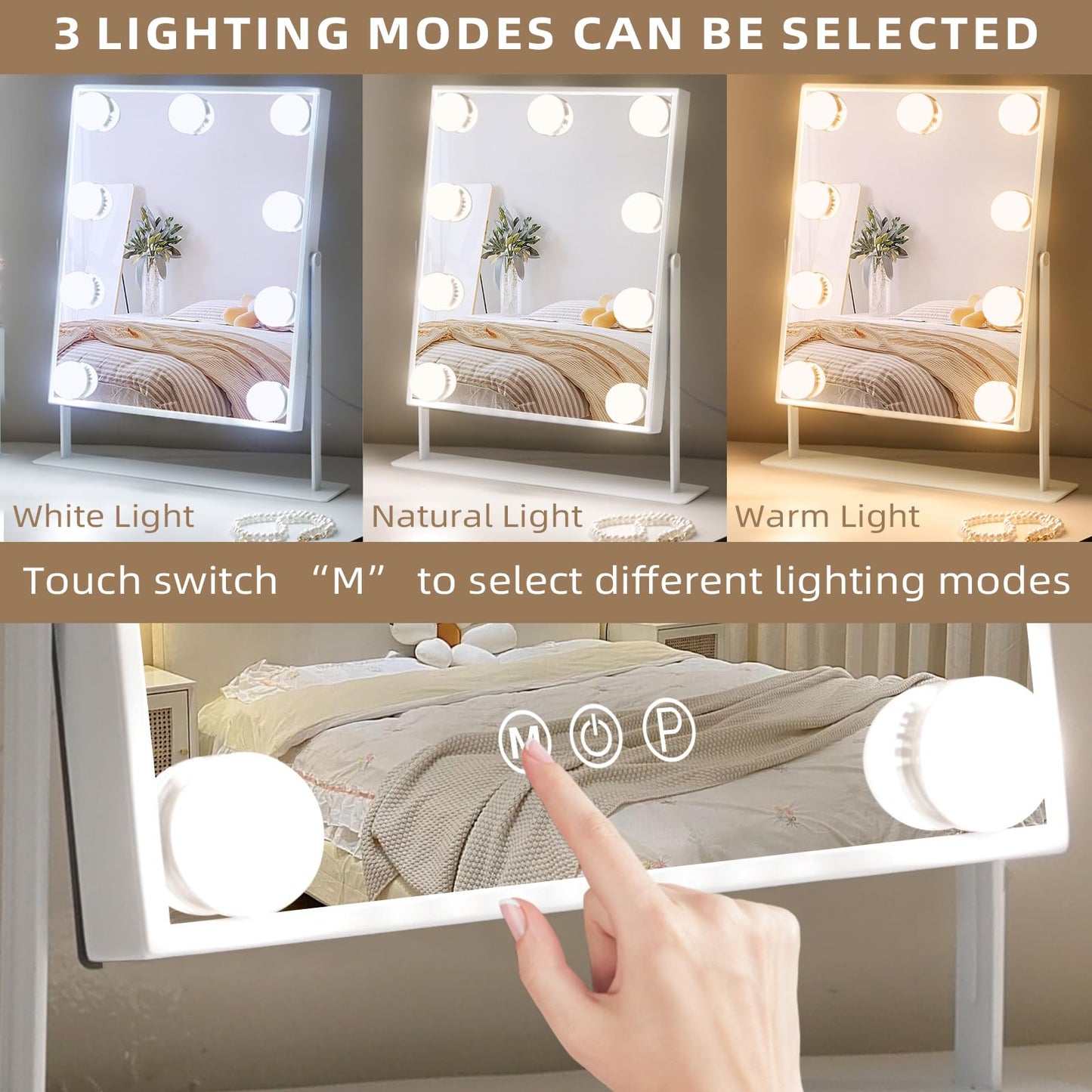 Hansong Vanity Mirror with Lights Lighted Makeup Mirror with 9 LED Bulbs Plug in Light Up Makeup Mirror with Lights 360 Rotation with 10x Magnifying