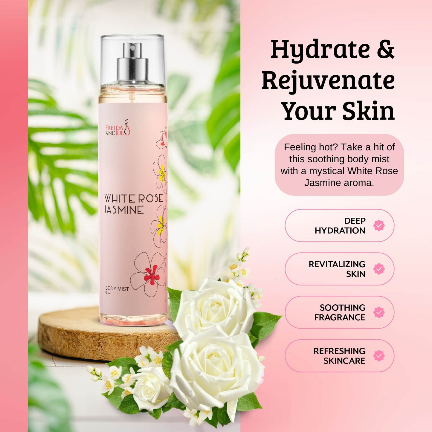 White Rose Jasmine Body Spray for Women, Womens Perfume Fragrance Body Mist And Sprays Luxury Perfume Mist - 8 oz Fine Spray Bottle