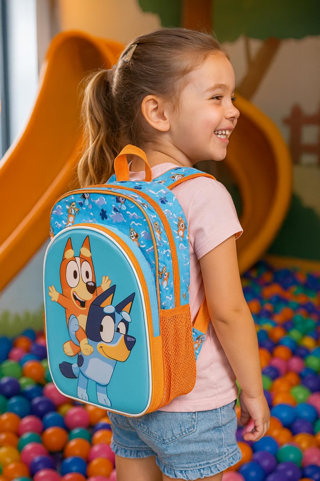 Fast Forward Bluey & Bingo 16" Backpack with 3D Character Print & Bluey Keychain - Kids School Bag with Front Pocket & Mesh Side Pockets