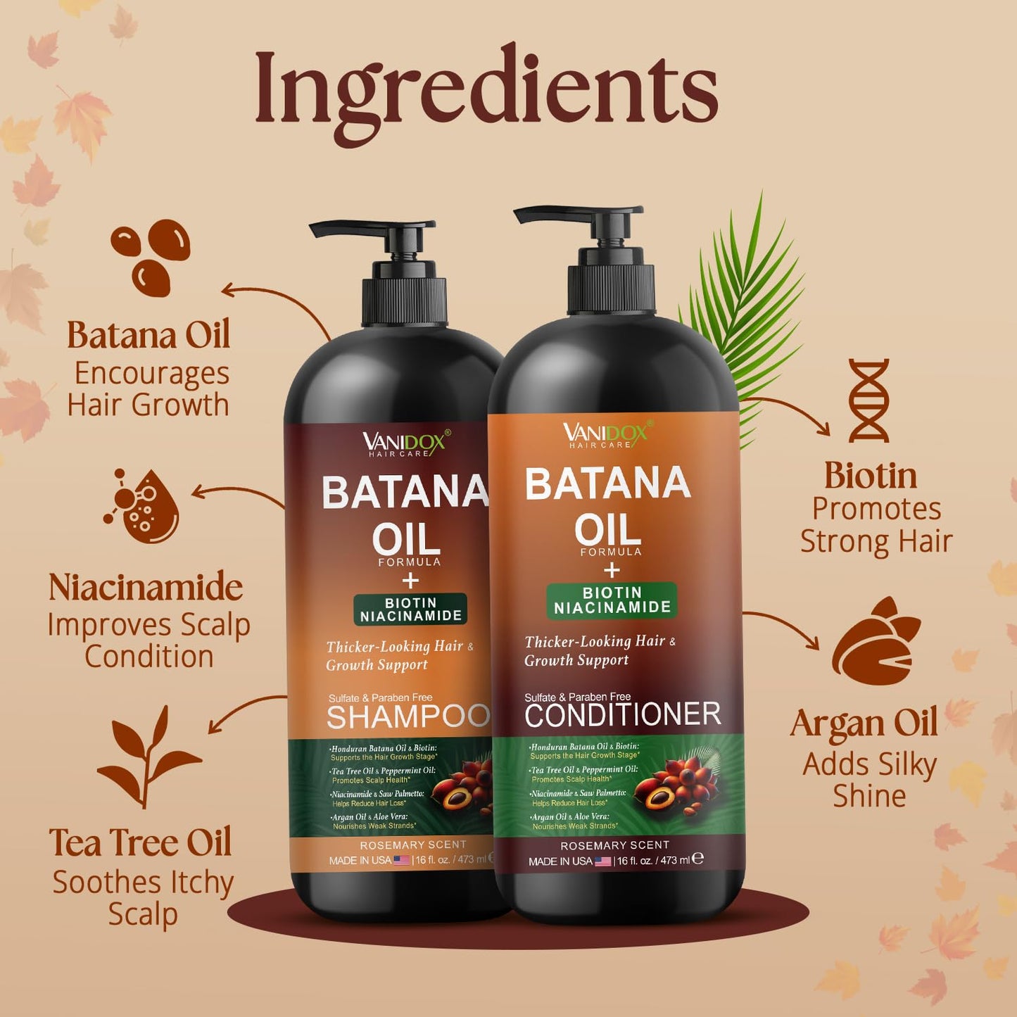 VANIDOX Batana Oil Shampoo and Conditioner Set - Biotin & Niacinamide Infused - Sulfate-Free, Paraben-Free - Moisturizing & Strengthening Hair Care