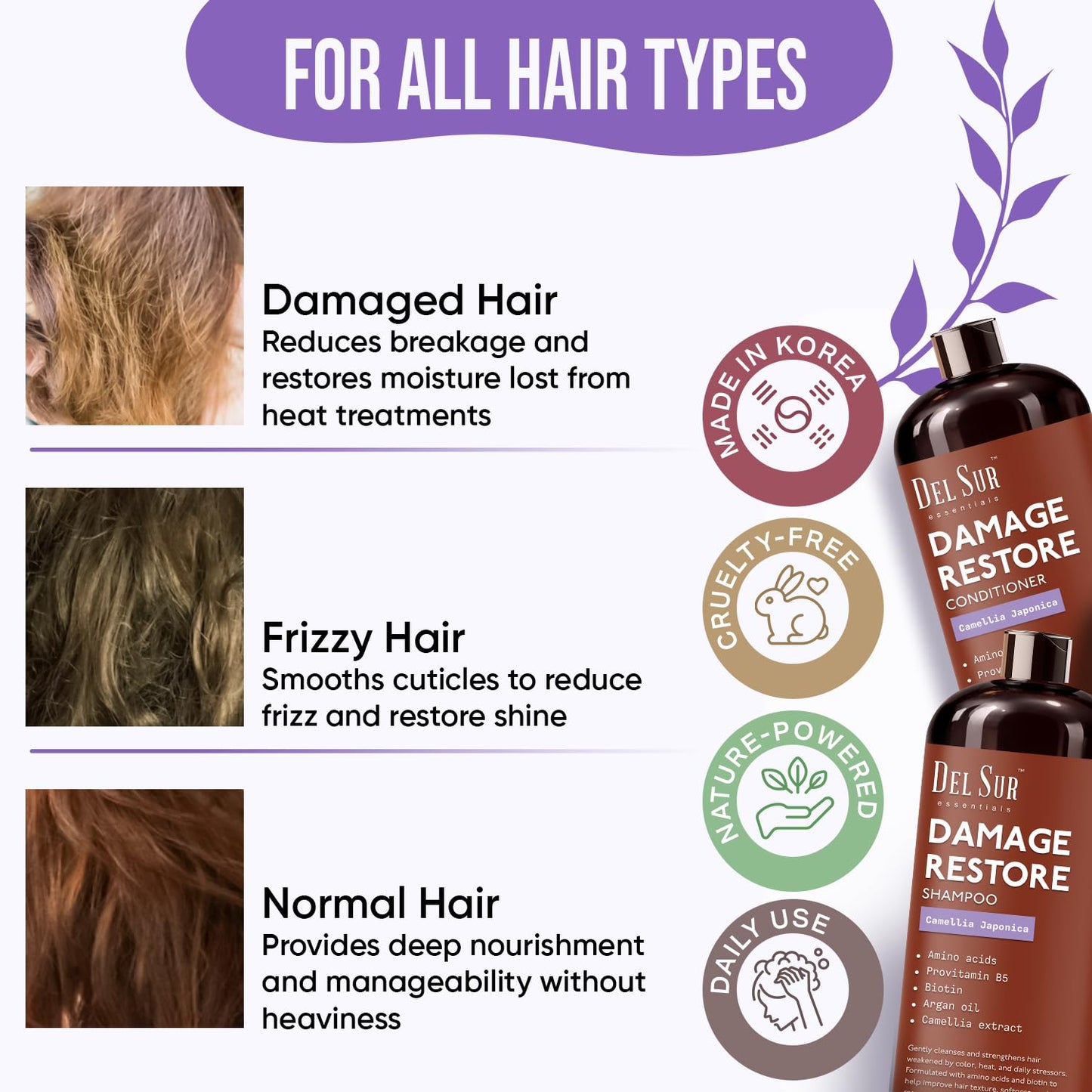 DEL SUR Hair Repair Shampoo and Conditioner Set | 16 fl oz Each | with Camellia Japonica, Amino Acids, Biotin & Argan Oil | Moisturizing Strength