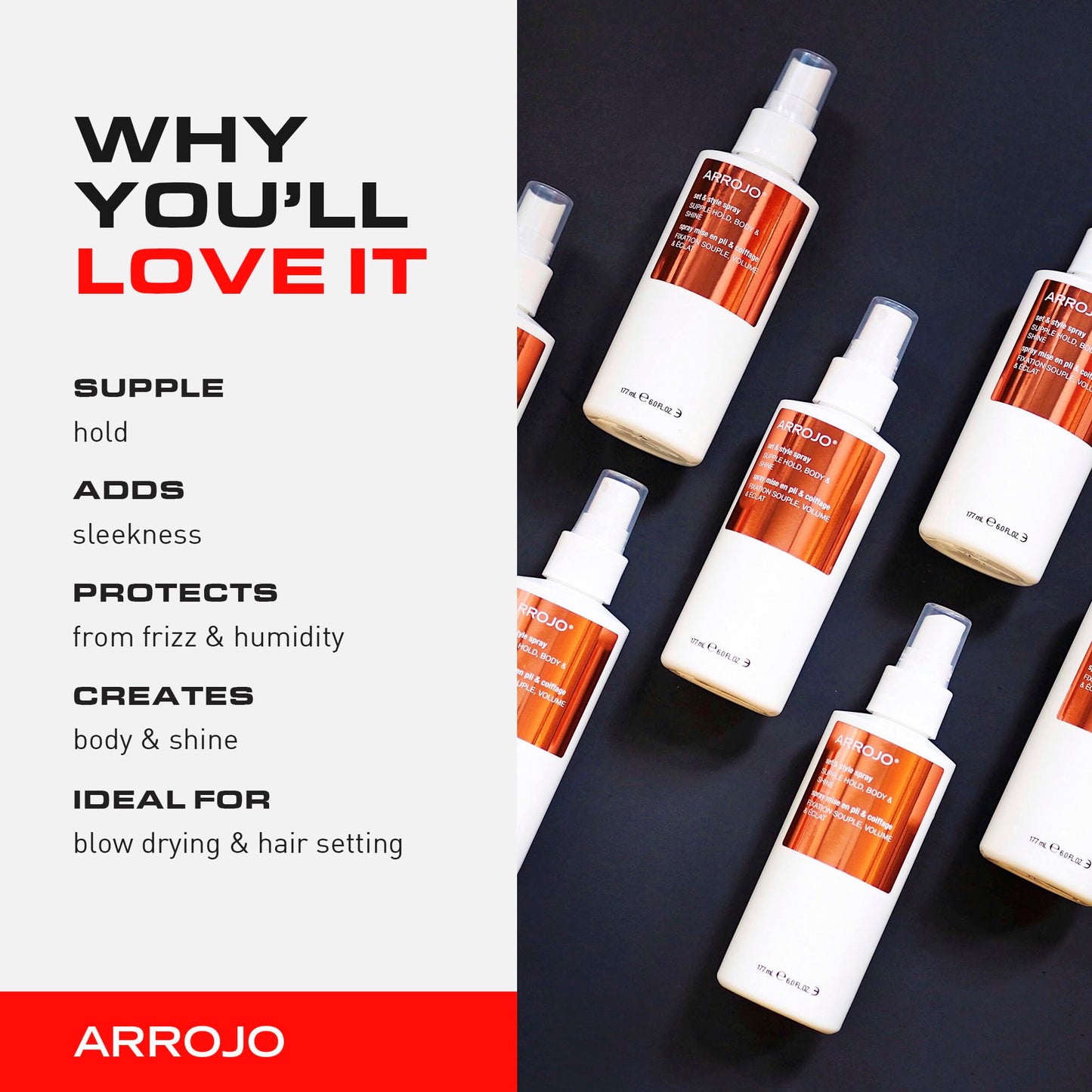 ARROJO Set & Style Hair Spray - Blow Dry Spray To Create Body, Shine, Hold - Hair Shine Spray For Blow-Drying -Hair Setting - Anti Frizz Hair Products