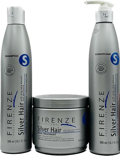 Firenze Professional Silver Hair Care Trio - Silver Shampoo 300ml (10.1 oz), Conditioner 300ml (10.1 oz) & Mask Treatment 400ml (13.5 oz) - Sulfate