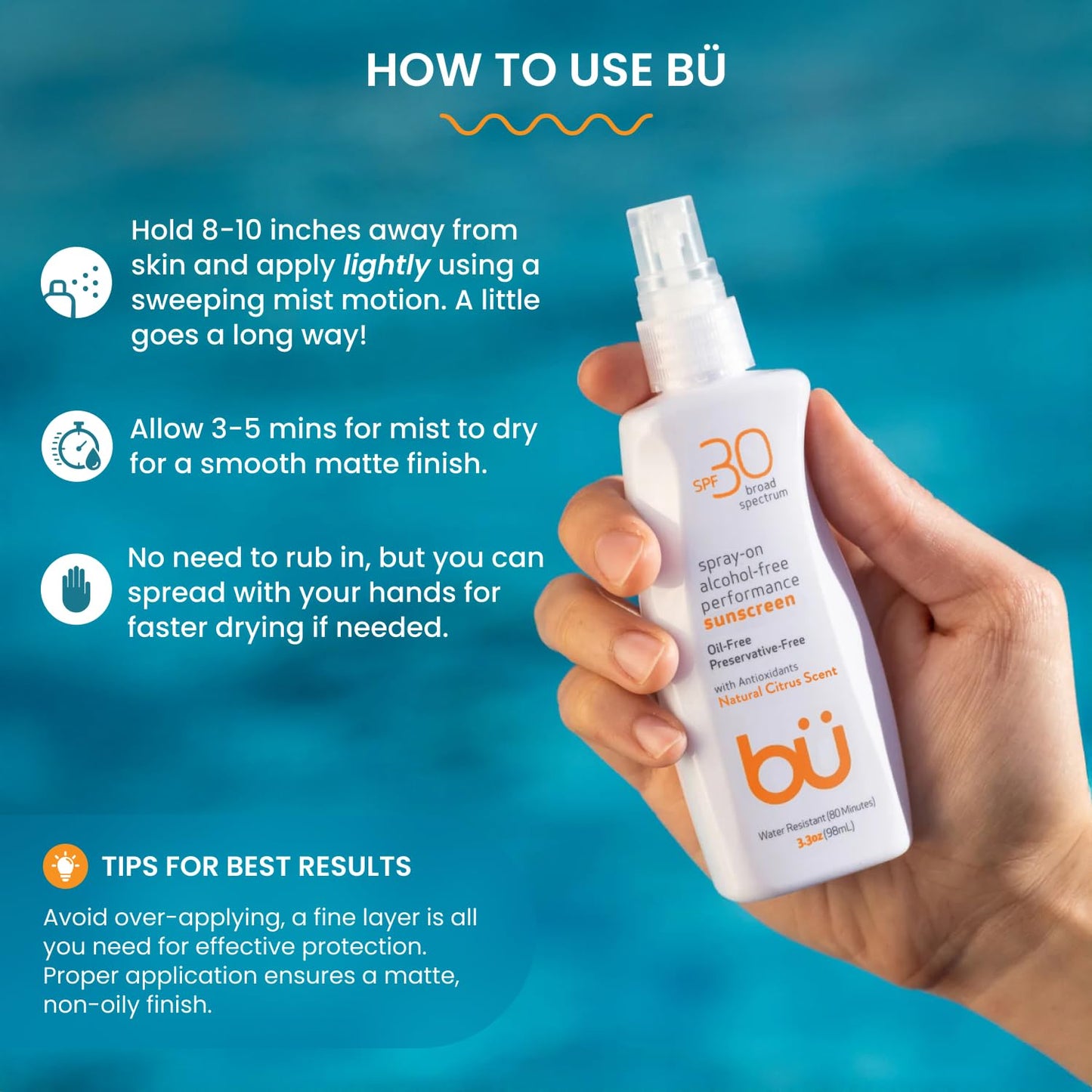 BU SPF 30 Sunscreen Spray for Face and Body, Non Aerosol Spray, Clear WOWmist, TSA Travel Size Sunblock, Oil Free and Water Resistant for Sensitive