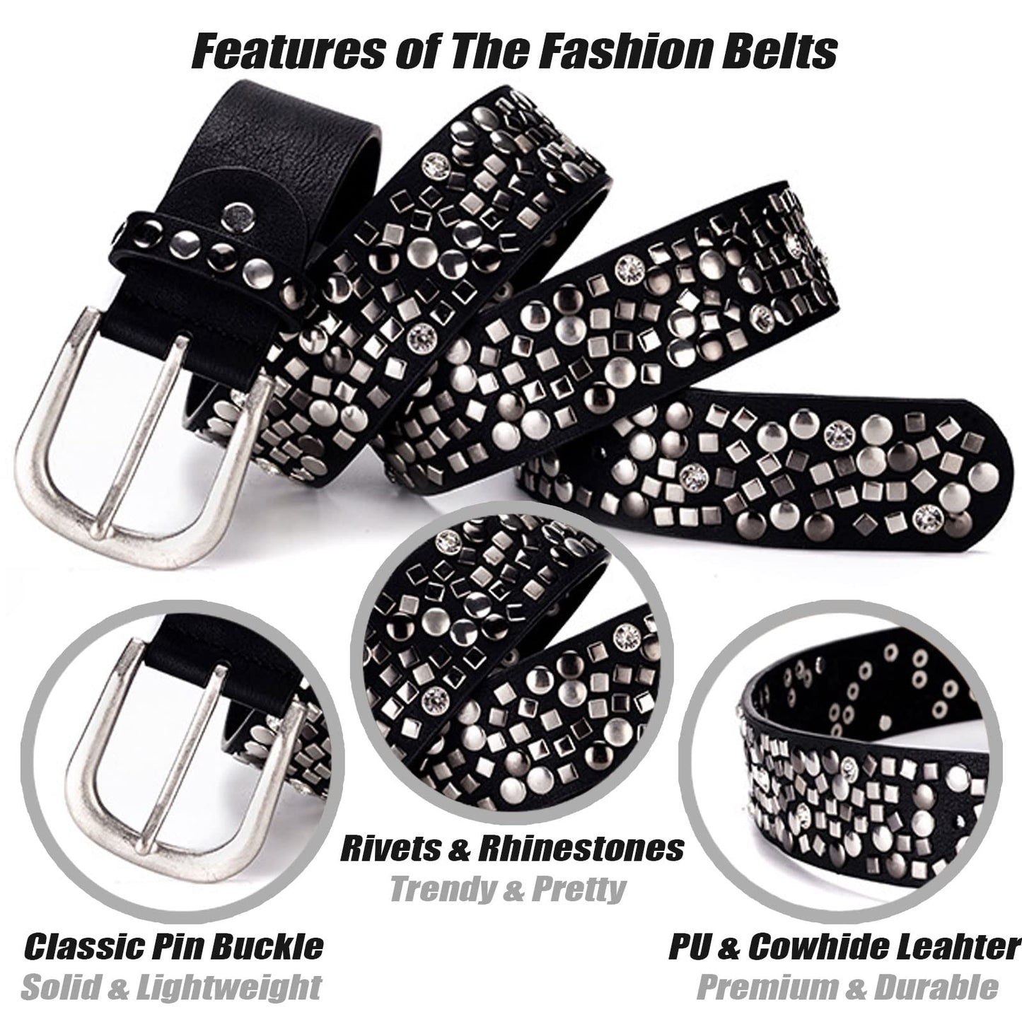 Karoukee Ladies Fashion Belt With Studded Rivets and Rhinestones,Women Shiny Fashion Leather Waist Belt for Jeans Pants Shorts Dresses (Solid Black)