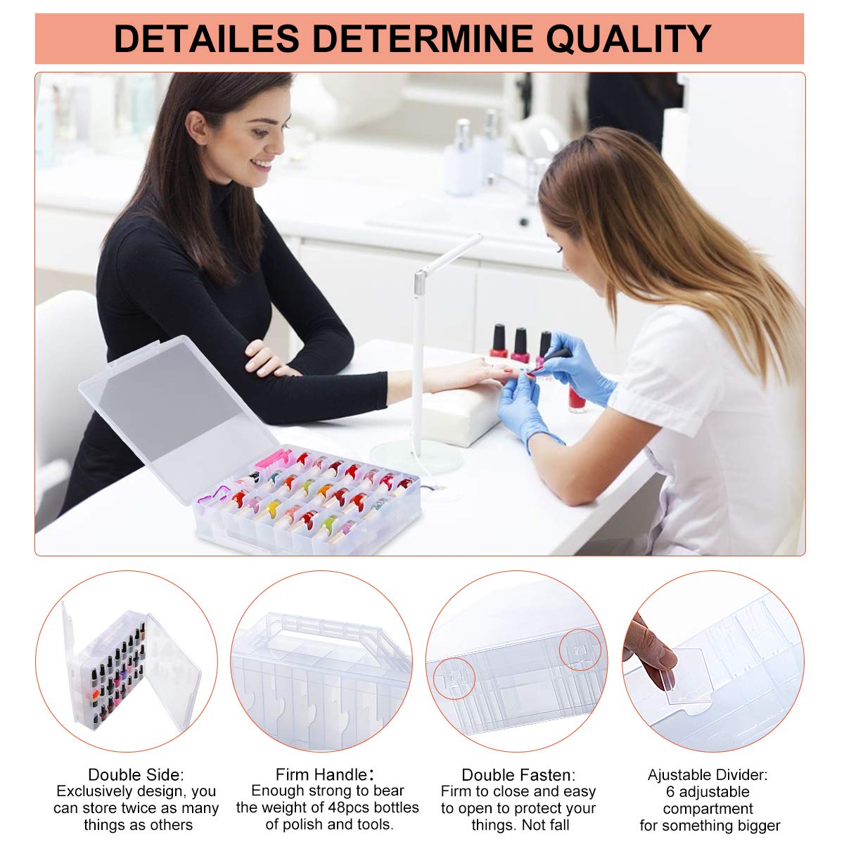 SUBAY Portable Nail Polish Organizer, Clear Double Side Nail Polish Holder,Gel Nail Storage for 48 Bottles with 6 Adjustable Dividers in Each Side
