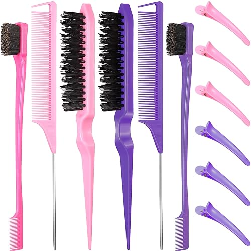 Remerry 12 Pieces Hair Brush Set, Includes 3 Row Salon Teasing Brushes, Double Sided Hair Edge Brush, Rat Tail Combs, Duckbill Clips for Women Girls