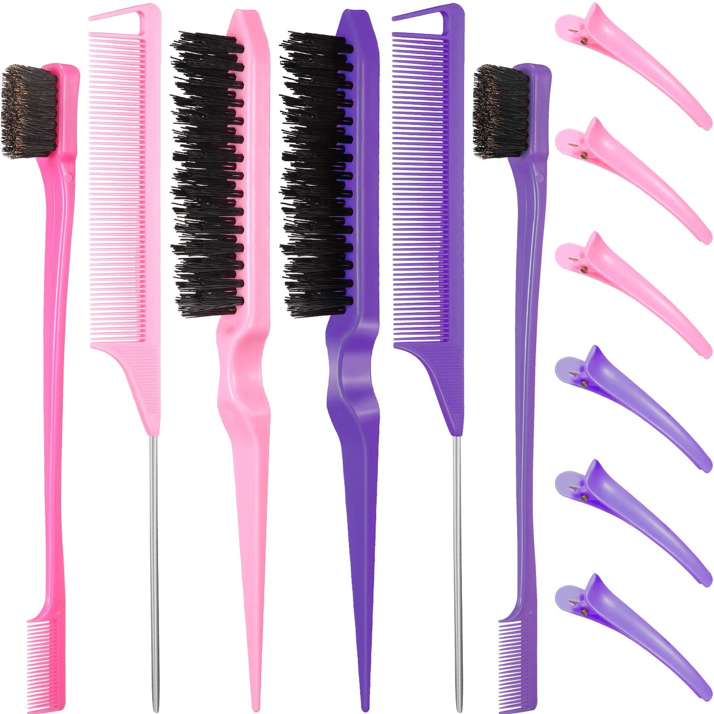 Remerry 12 Pieces Hair Brush Set, Includes 3 Row Salon Teasing Brushes, Double Sided Hair Edge Brush, Rat Tail Combs, Duckbill Clips for Women Girls