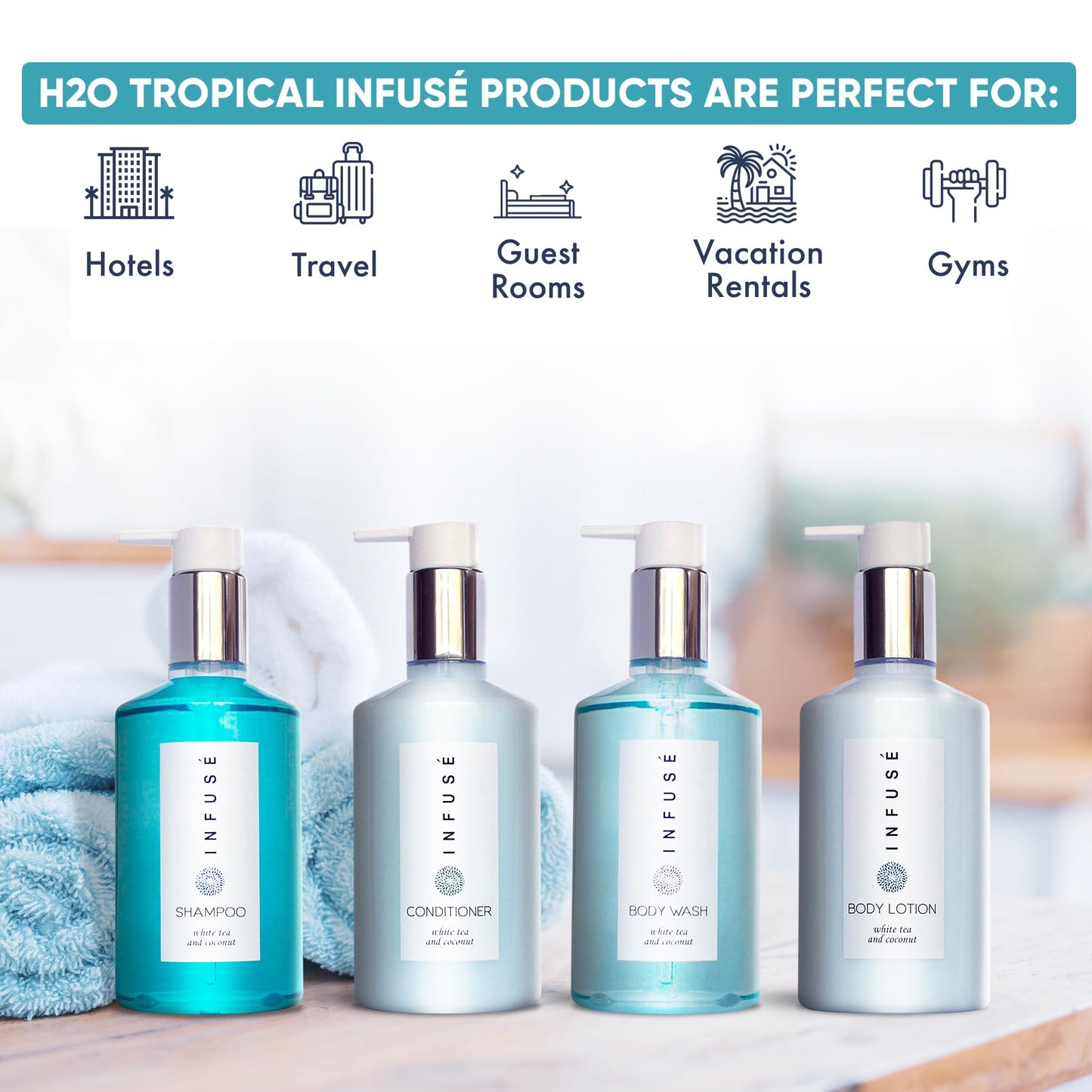 1-Shoppe Infuse 4 Piece Ecobox All-In-Kit | White Tea and Coconut Soap | 1 Shampoo, 1 Conditioner, 1 Body Wash and 1 Lotion | 10.14 oz Hotel Soaps