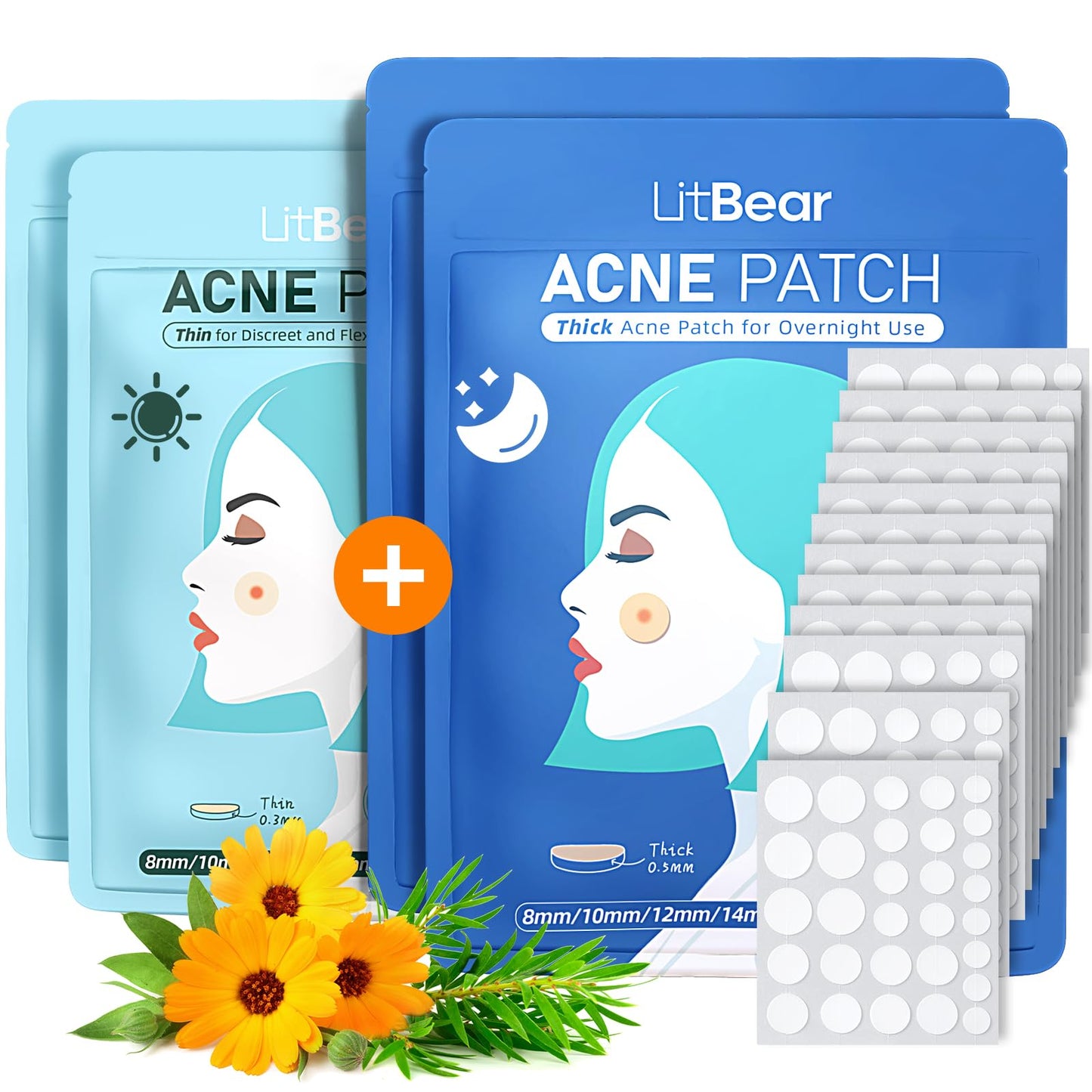 LitBear Acne Pimple Patches- Day and Night 4 Sizes 360 Dots Thin & Thick Hydrocolloid Patches with Witch Hazel, Tea Tree & Calendula Oil, Extra Beauty and Personal Care LitBear Default Title