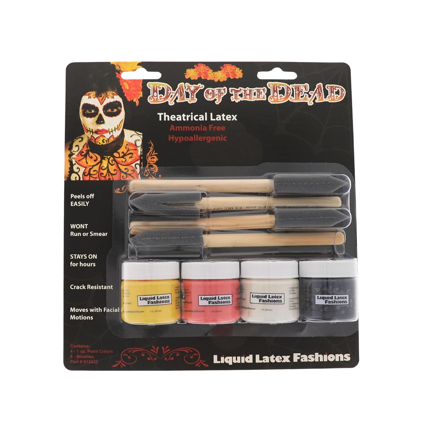 Day of the Dead Liquid Latex Kit- Four 1 fl oz (Yellow • Red • White • Black) + 4 Precision Brushes - Festivals, Parties, Cosplay