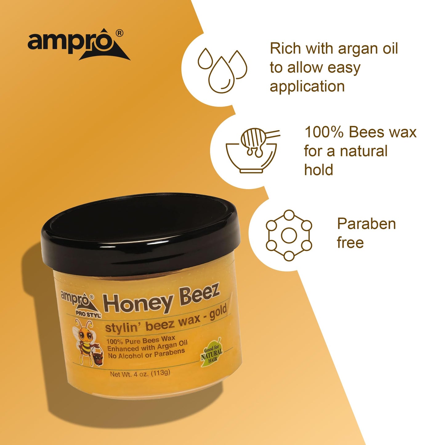 AmPro Pro Styl Beez Wax - Softens Your Hair and Provides Strong Hold - Infused with Argan Oil to Smooth and Condition Tresses - Creates Sleek Looks