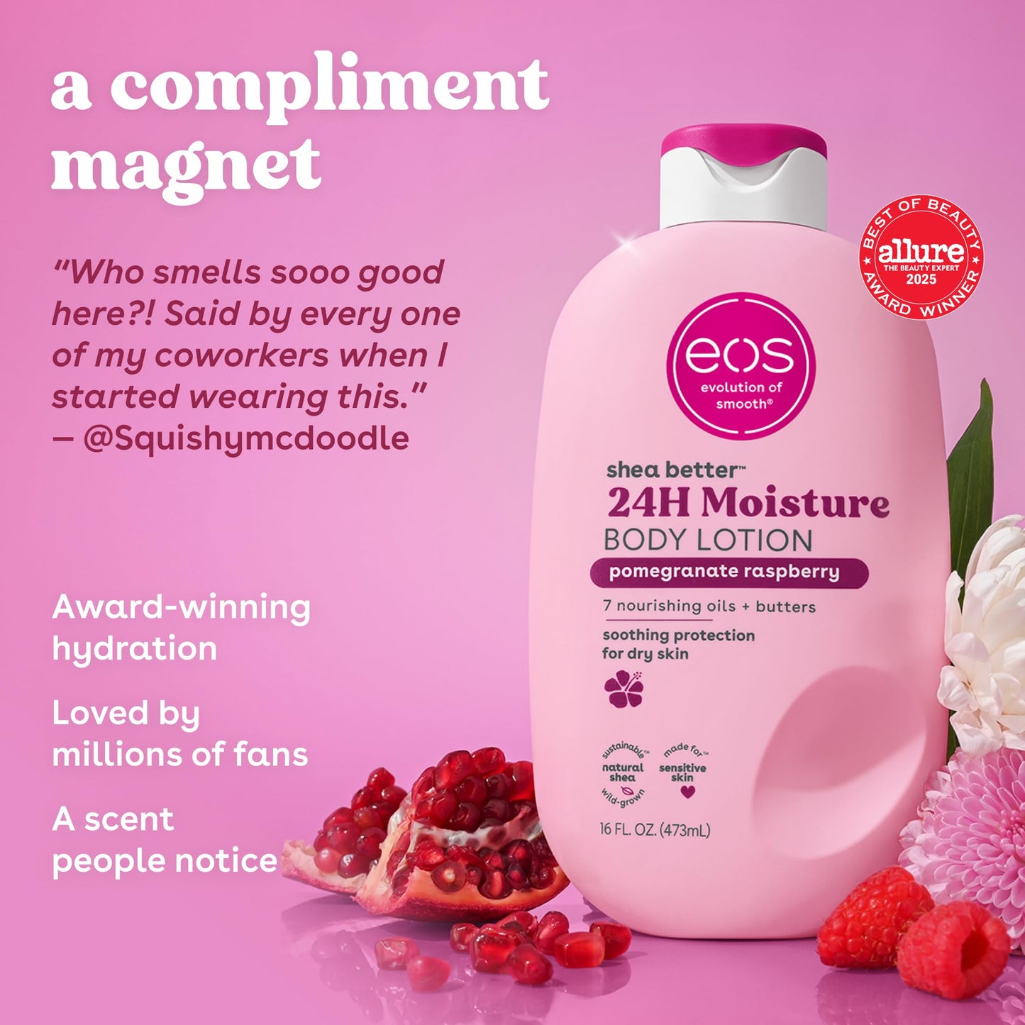 eos Shea Better Body Lotion Pomegranate Raspberry, 24-Hour Moisture Skin Care, Lightweight & Non-Greasy, Natural Shea, Vegan, 16 fl oz