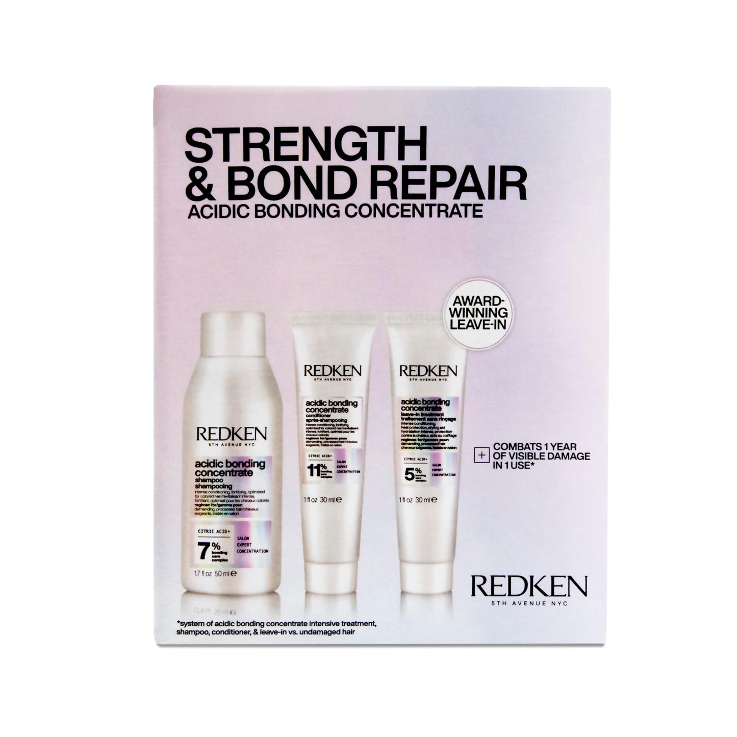 Redken Acidic Bonding Concentrate Mini Kit - Strengthening Shampoo, Conditioner & Leave In Treatment for Damaged Hair, Reduces Breakage & Split Ends