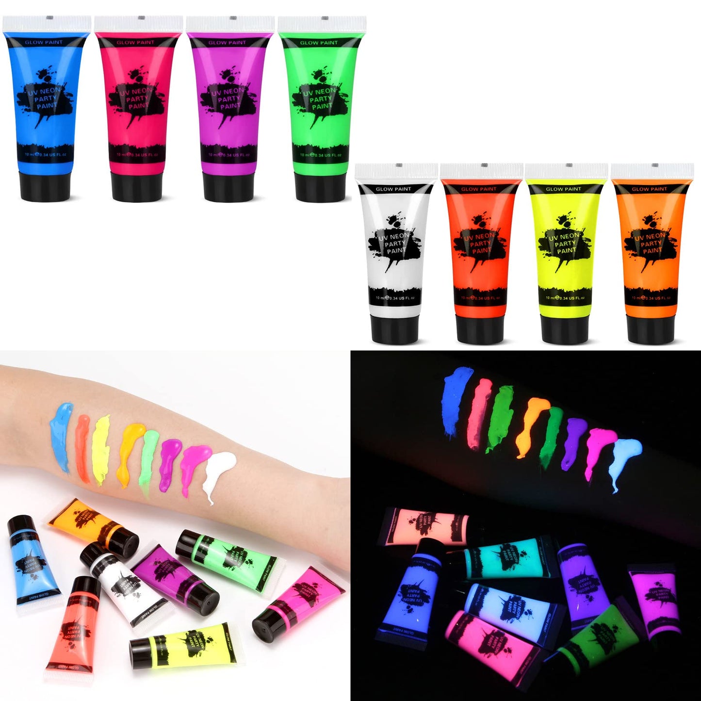 Blacklight Neon Face and Body Paint, 8 Tubes 0.34oz Glow in the Dark Body Paints, Neon Fluorescent Glow in Dark Party Supplies (10ml).…