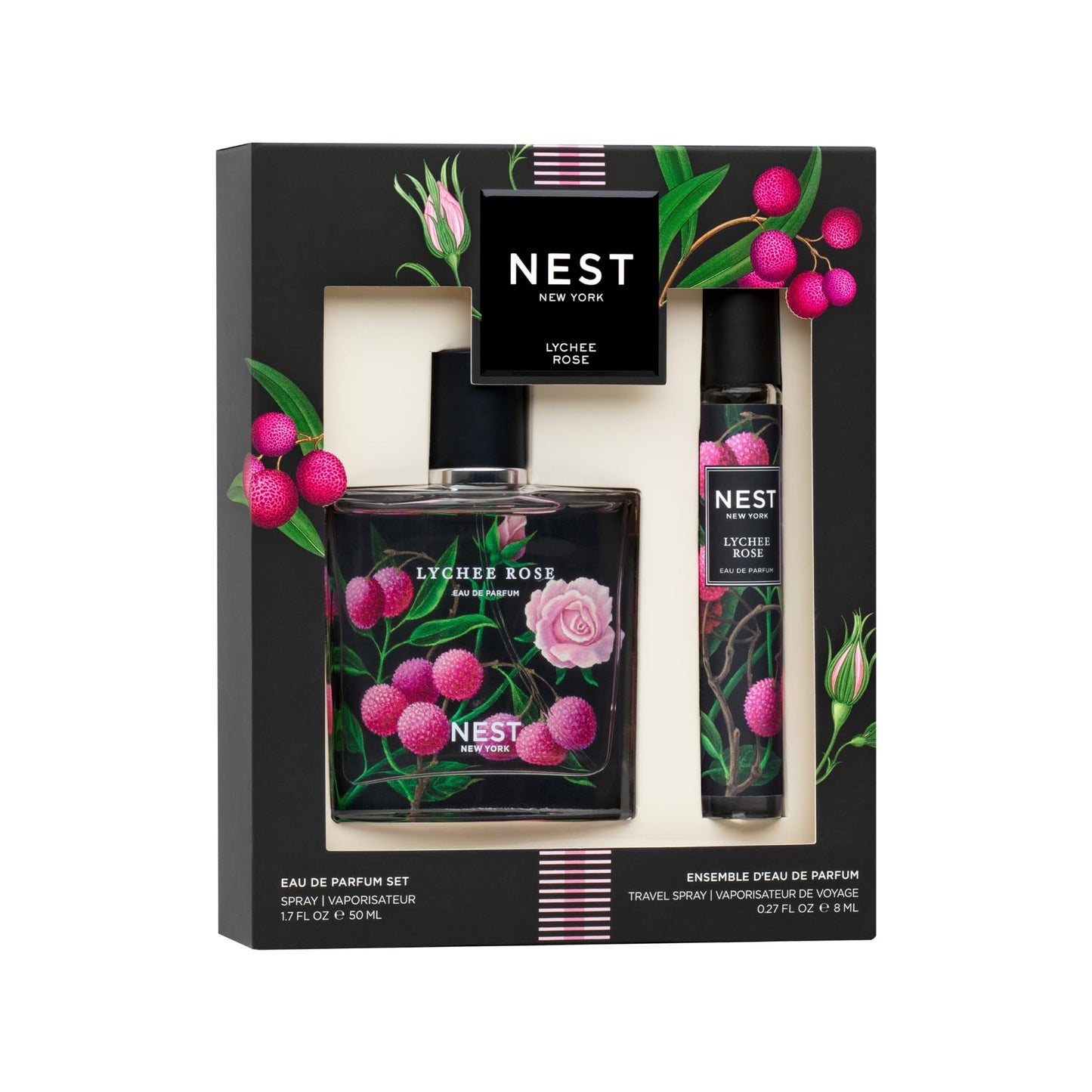 NEST New York Lychee Rose Fine Fragrance Set - Includes 50 mL (Full Size) & 8 mL (Travel Spray) - Vegan, Cruelty Free