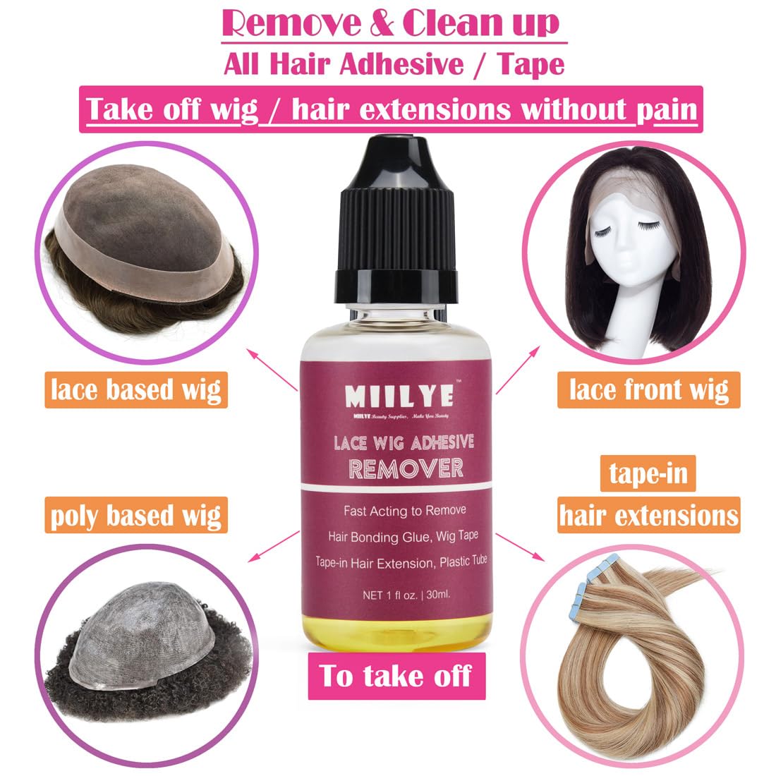 MIILYE Wig Glue Remover x 2 Bottles, Tape in Hair Extensions Remover |Solvent for Adhesive Residue, Lace Front Wig |Poly Hairpieces |Toupee |Cosmetic