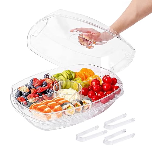 IVYHOME 3-Tier Chilled Serving Tray with Lid, 15" Fruit Ice Serving Platter with 4 Compartments, Shrimp Cocktail Serving Dish, Divided Serving Bowl…