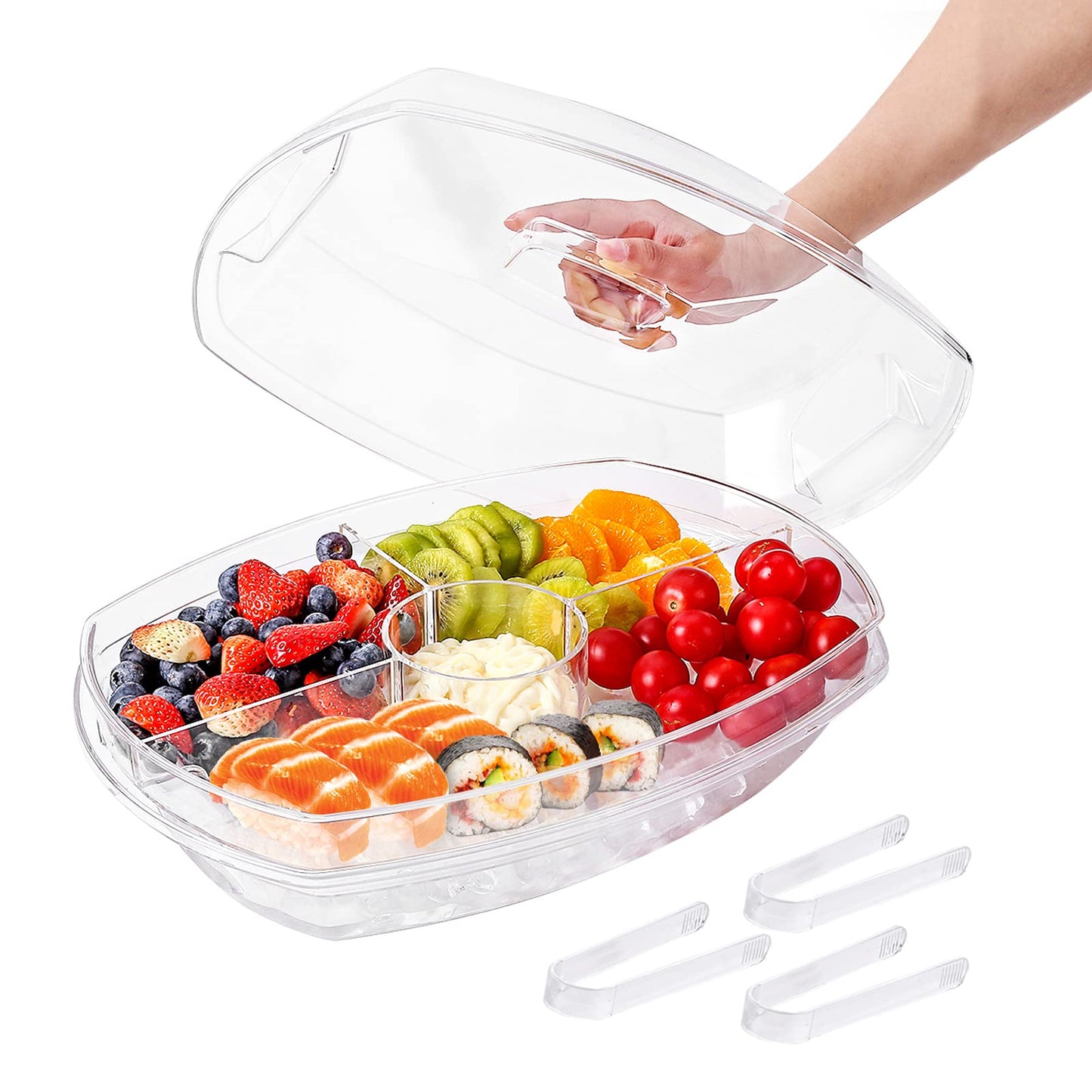 IVYHOME 3-Tier Chilled Serving Tray with Lid, 15" Fruit Ice Serving Platter with 4 Compartments, Shrimp Cocktail Serving Dish, Divided Serving Bowl…