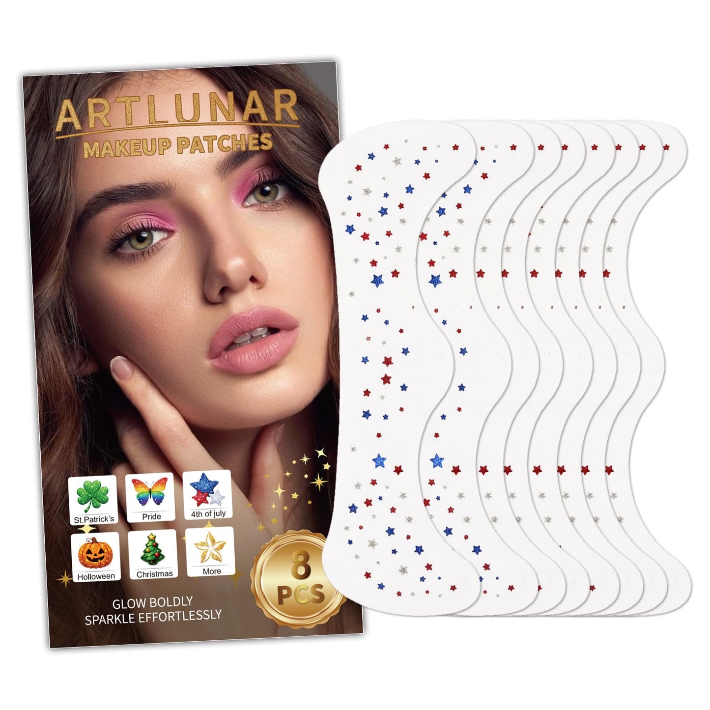 Artlunar 8Pcs 4th of July Face Tattoos, Red White Blue Irregular Mini Star Freckle Stickers for Women & Kids, Patriotic Makeup for Independence Day