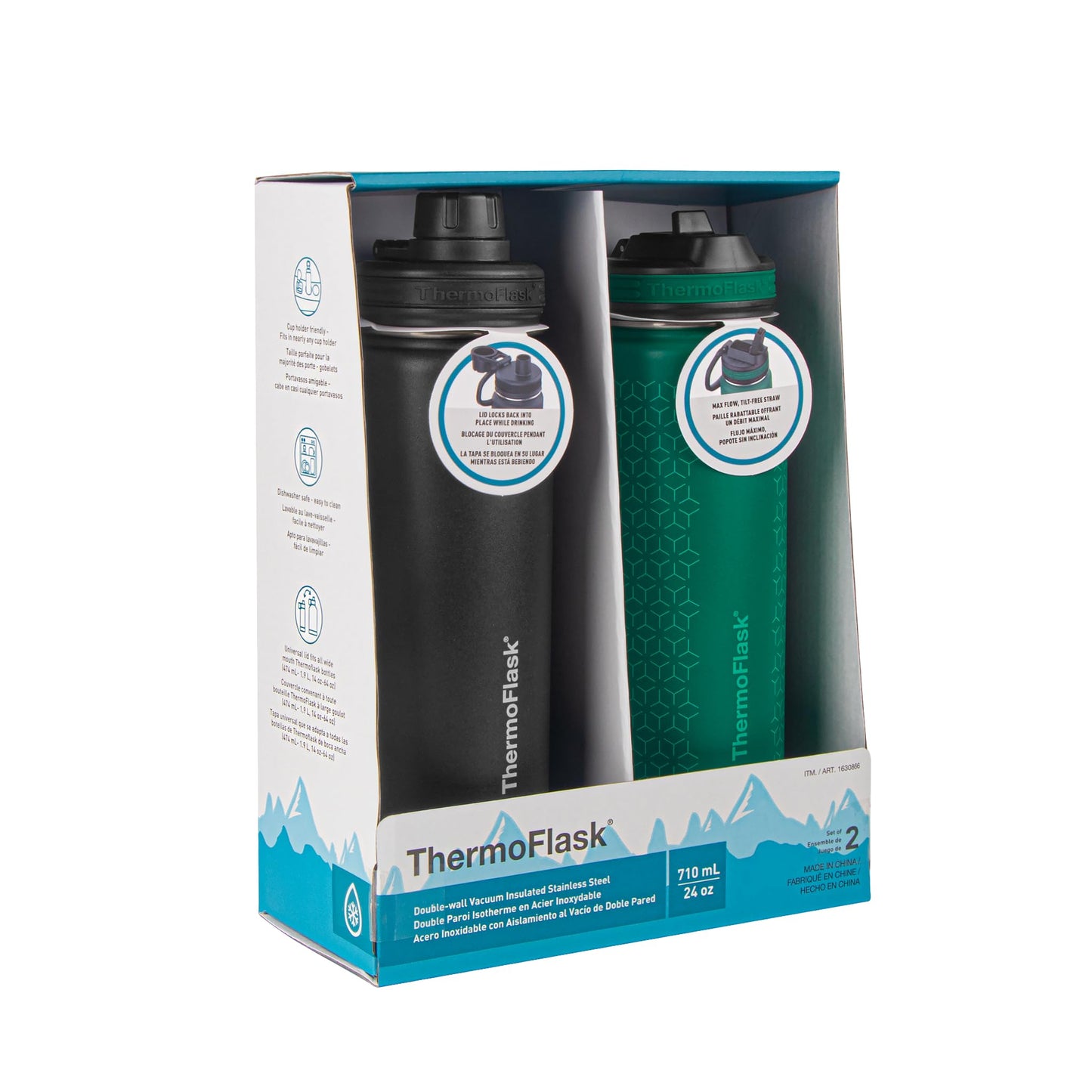 Thermoflask 24 oz Double Wall Vacuum Insulated Stainless Steel 2-Pack of Water Bottles, Black/Malachite