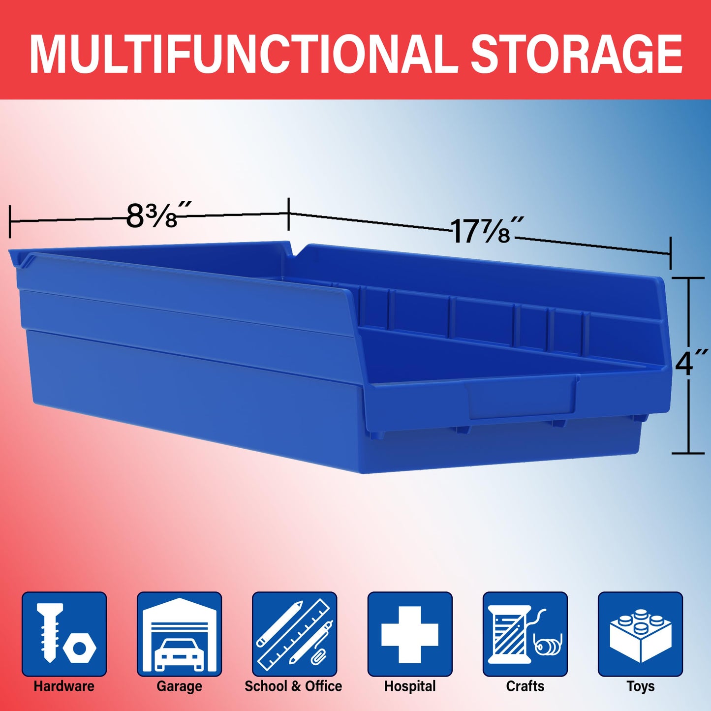 Akro-Mils 30158 Plastic Shelf Bins, Heavy Duty Storage Bins for Garage, Closet, and Drawer Organization, 18-Inch x 8-Inch x 4-Inch, Blue, 12-Pack