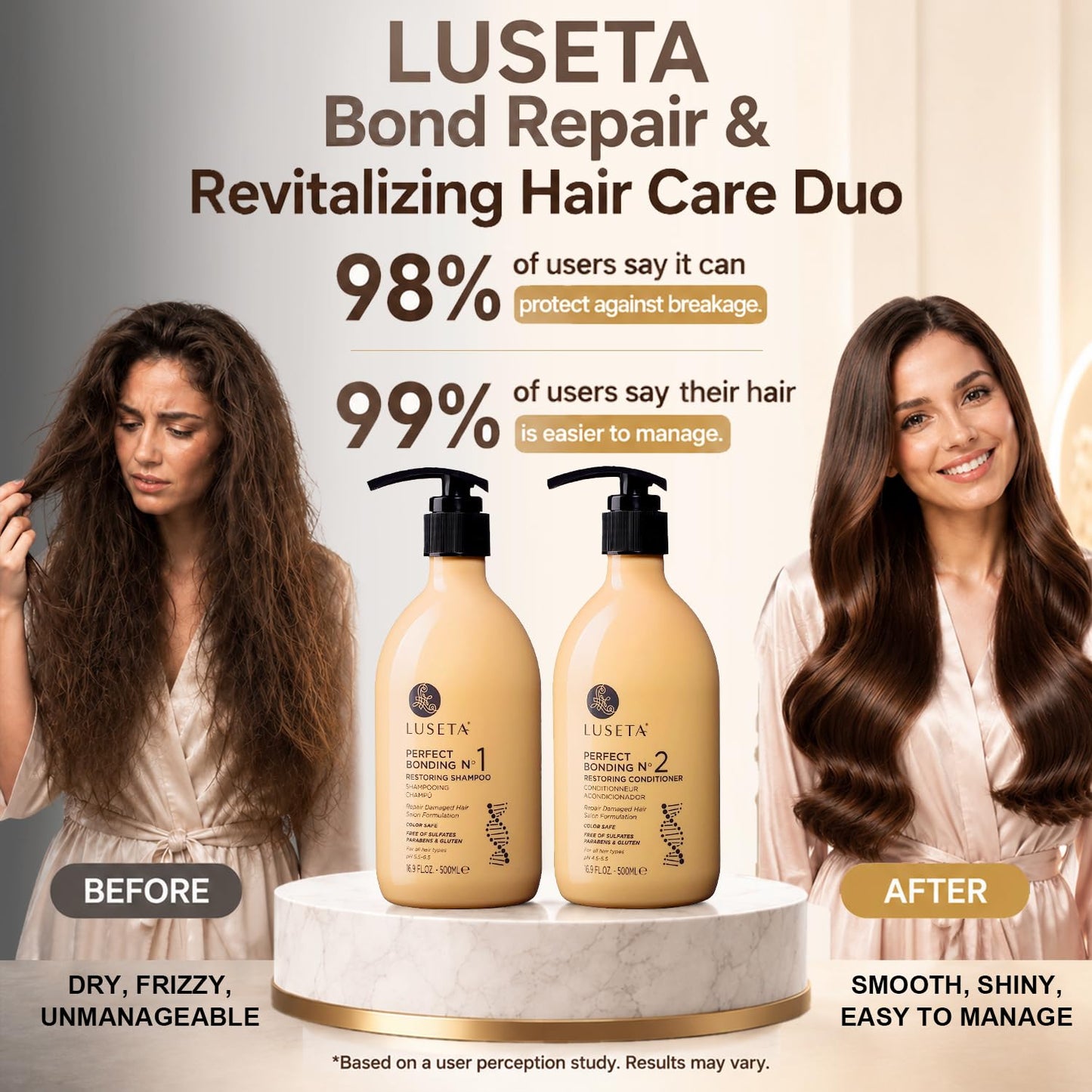 LUSETA Bond Repair & Revitalizing Shampoo and Conditioner Set for Chemically Damaged Hair. Deep Moisture to Smooth Frizz & Add Shine. Strengthens Hair