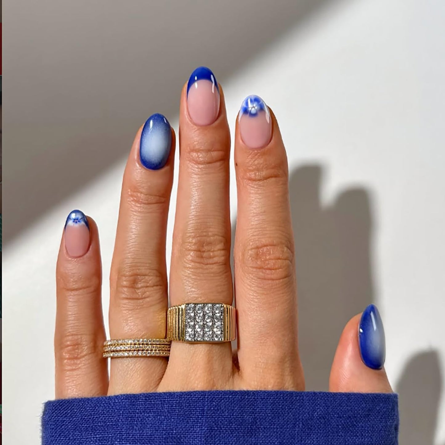 French Press On Nails Short Almond Fake Nails With Blue Flower Design Glue On Nails Pink Glossy False Nails Full Cover Reusable Acrylic Nails Beauty and Personal Care Posyofet Default Title