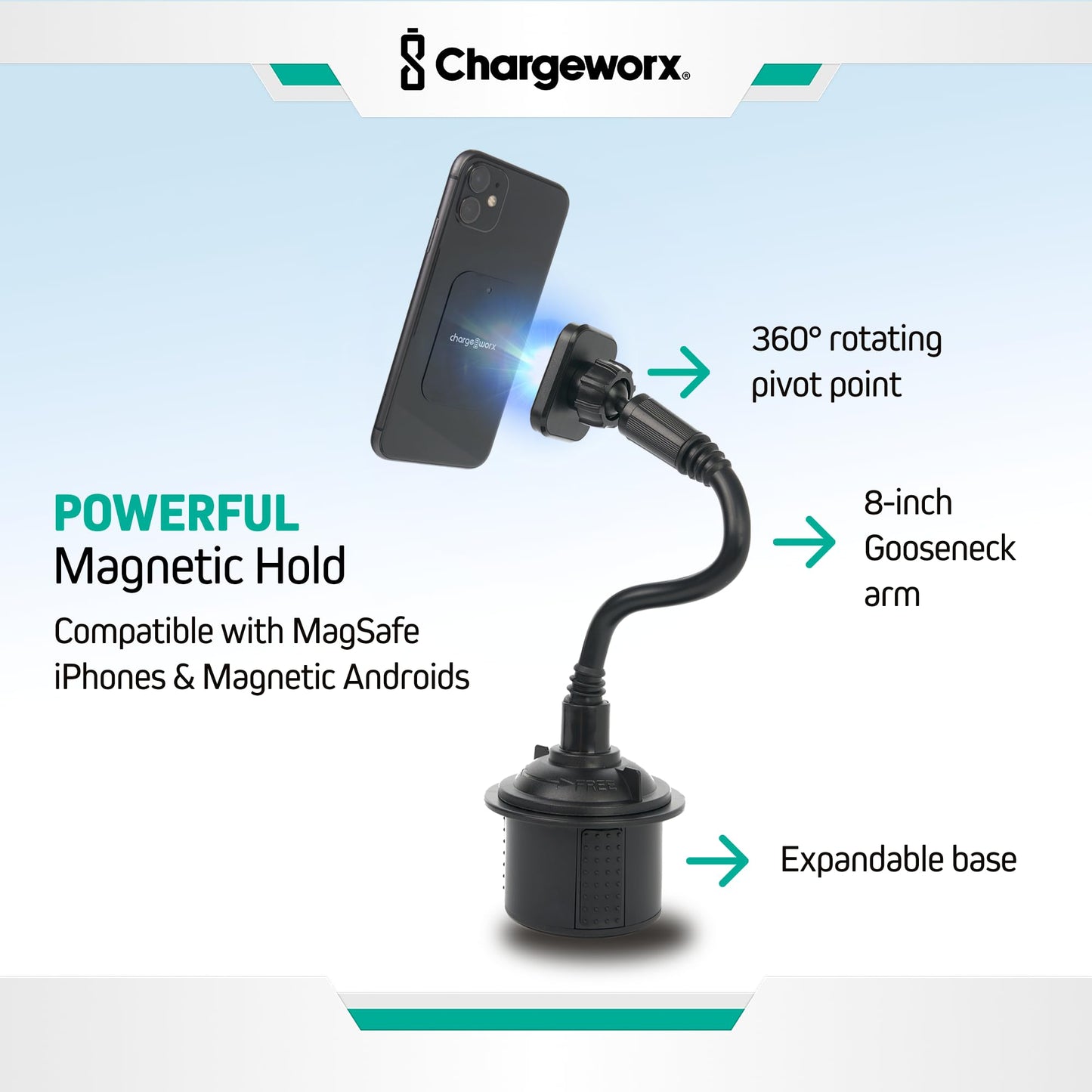 CHARGEWORX Magnetic Cupholder Phone Mount - Universal Car Cell Phone Holder with 360° Adjustable Gooseneck & Twist-Lock Base, Hands-Free Magnetic…