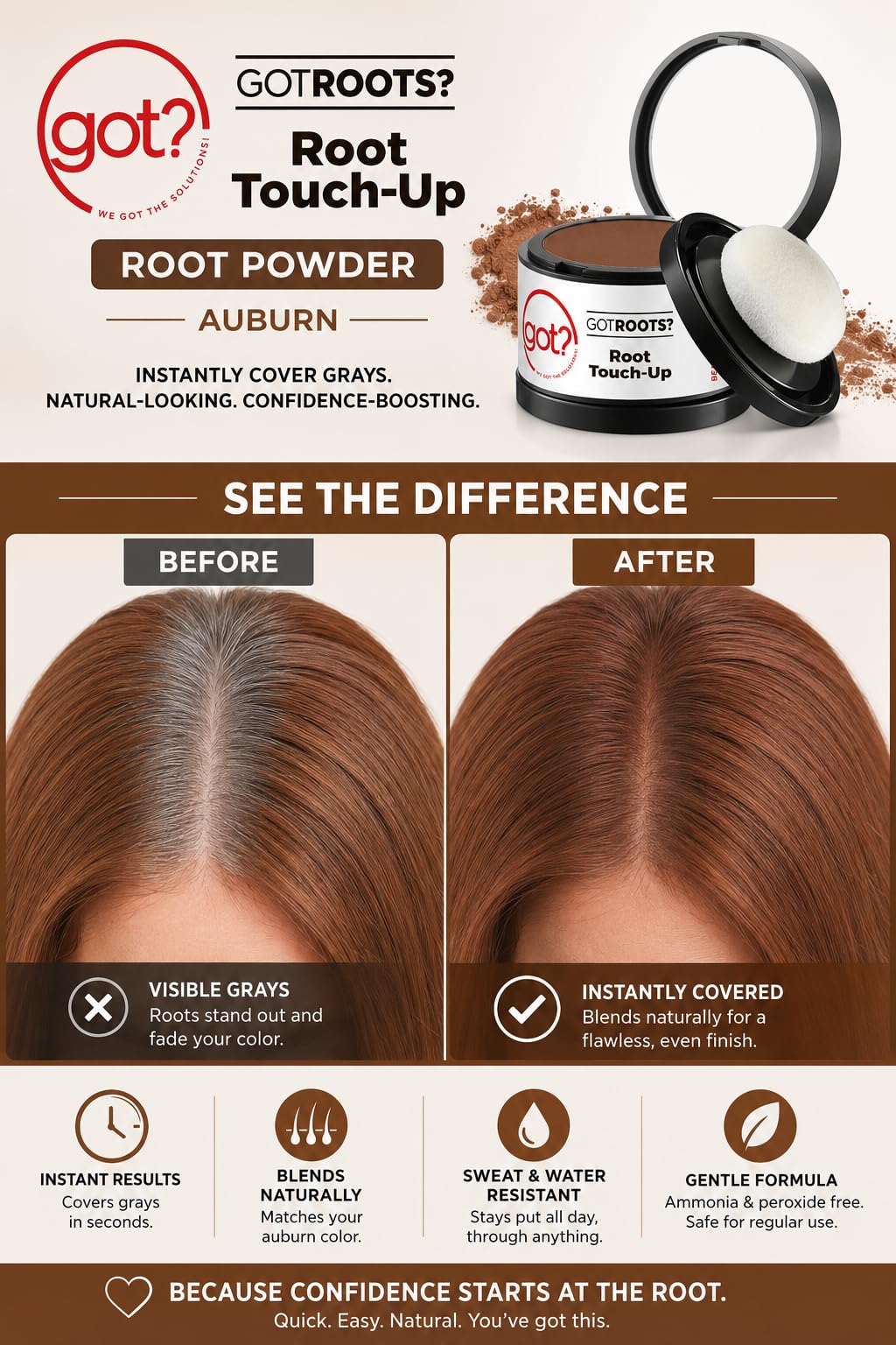 Got? Roots - Temporary Thinning & Gray Hair Cover Up with Pigment Infused Binding Powder for Auburn Hair - Root Touch Up, Brow Filler & Hairline