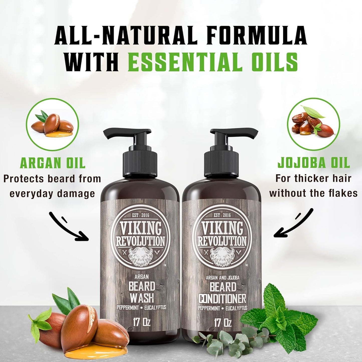 Viking Revolution Beard Wash & Conditioner Set w/Argan & Jojoba Oils - Softens, Smooths & Strengthens Beard Growth - Natural Peppermint and Eucalyptus