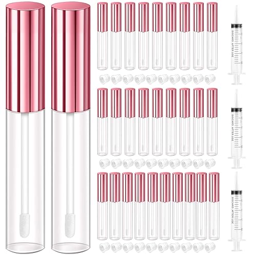 KPX 30 Pcs lip Gloss Tube Containers Bulk Wand 10ml Empty Clear Pink Lip Oil Tubes Refillable Lip Balm Bottles with Rubber Insert for DIY Makeup Such