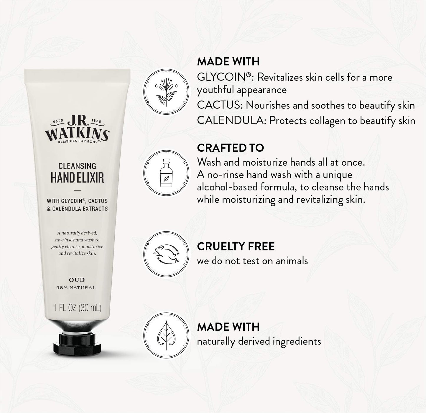 J.R. Watkins Oud Hand Elixir, No Rinse Waterless Cleansing Hand Wash, Convenient 1 oz