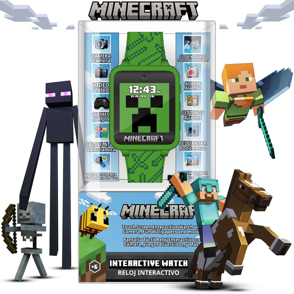 Minecraft Kids Smart Watch – Touchscreen with Camera, Video, Games, Alarm, Calculator, Pedometer & 10 Custom Clock Faces