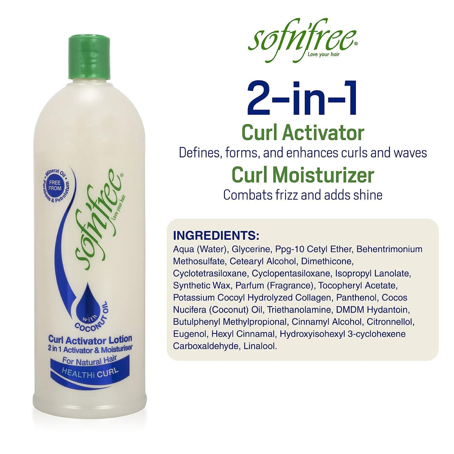 SOF N' FREE Moisturizer & Curl Activator for Natural Hair, Soft Curls, and Waves 25.36 fl oz / 750ml