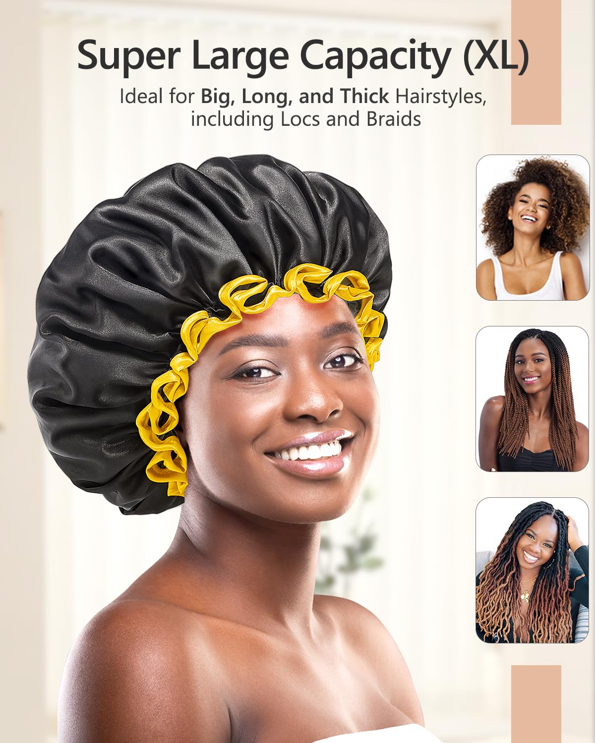 mikimini Extra Large Black Shower Caps Pack of 2 for Women and Men Thick Long Hair Braids, Reusable Waterproof Double Layers XL Bathing Hair Cap