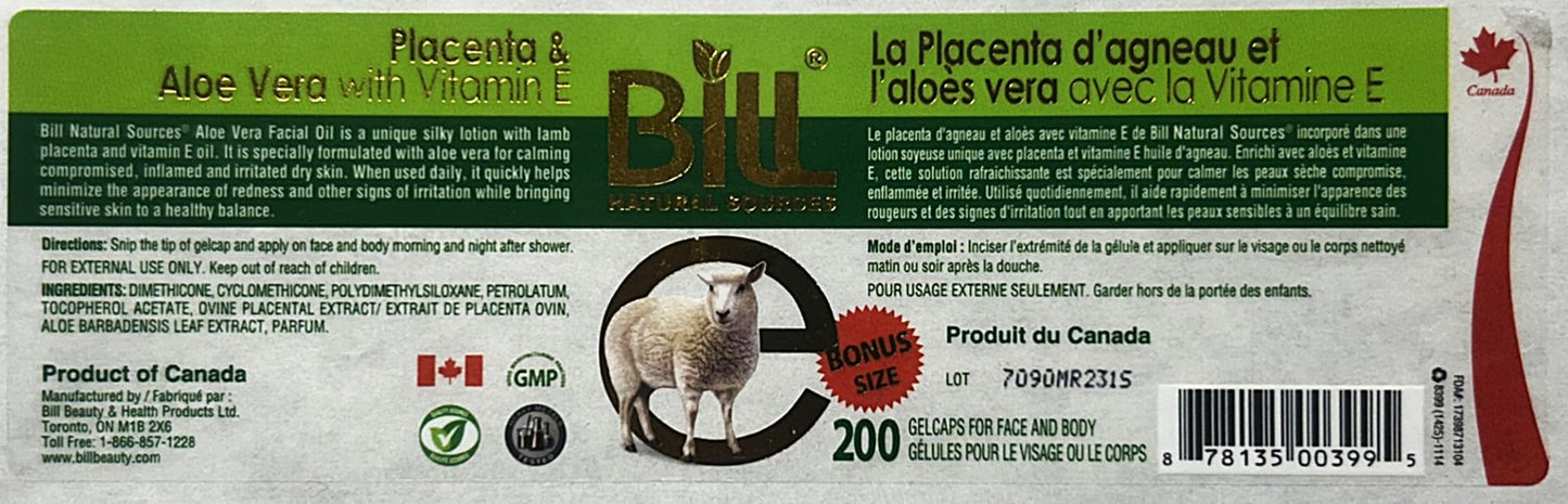 Lamb Placenta & Aloe Vera with Vitamin E Facial Oil, 200 Gelcaps, Bill Natural Sources